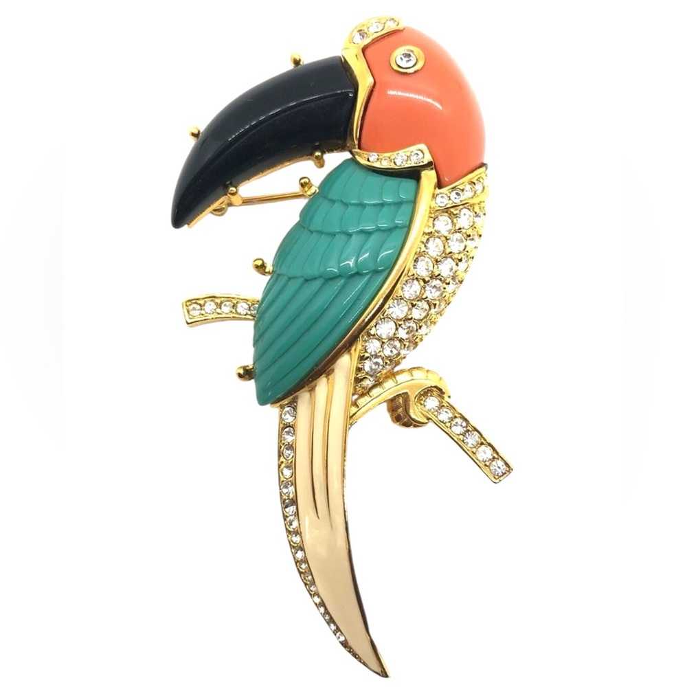 VINTAGE RARE KJL Kenneth J Lane Toucan Bird Jeweled Enameled Brooch Colorful